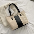 Minimalist beige and black tote bag with braided knot details and large capacity - White
