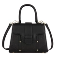 Vintage black lychee pattern leather handbag with embossed texture and gold hardware - Black