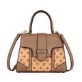 Brown monogrammed tote bag in lychee pattern leather with golden rivets and strap - Pink