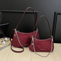 Burgundy faux suede shoulder bag set with silver chain and floral pendant decoration - Large / Burgundy