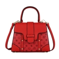 Red lychee grain leather handbag featuring vintage floral embossing and golden rivets - Brown