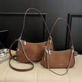 Brown suede underarm bag set with silver chain and fashion text engraving - Large / Brown