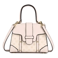 Elegant cream white lychee texture handbag with beige flower print and crossbody strap - White