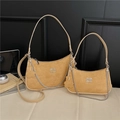 Mustard yellow suede underarm bag with silver chain and cute bear charm pendant - Camel