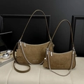Brown frosted leather underarm bag set with silver chain and cute bear pendant - Brown