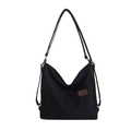 Mochila versátil de nailon negro para mujer con detalle de parche de logo en cuero marrón - Negro