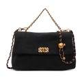 Borsa baguette minimalista in pelle scamosciata nera con fibbia dorata e tracolla - Stile Camoscio Smerigliato / Nero