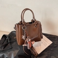 Brown oil wax leather bucket bag with cute bear charm and knotted top handle - No Pendant / Brown