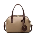 Bolso tote grande beige con correas marrones y herrajes dorados para mujer - Caqui