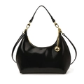 Chic black hobo bag in glossy leather with a decorative gold metal ball pendant - Black