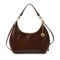 Dark brown leather dumpling bag with gold ball charm and versatile shoulder strap - Brown