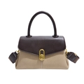 Elegante Handtasche aus beige Segeltuch und dunkelbraunem Leder mit Goldverschluss - Khaki