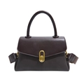 Retro dark brown leather handbag with vintage gold oval clasp and adjustable strap - Brown
