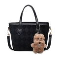 Schwarze Wildleder-Beuteltasche mit Rautenmuster und süßem braunem Welpen-Anhänger - Mit Anhänger / Schwarz