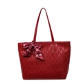 Red large-capacity tote bag with diamond quilting and decorative wedding silk scarf - Wine Red Quilted
