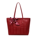 Elegant red tote bag with vertical texture and decorative double joy ribbon detail - Wine Red Wave