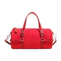 Chic red cylinder Boston bag in suede and smooth leather with silver metal buckles - Red