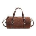 Brown faux suede cylindrical handbag with dark leather straps and silver hardware details - Brown