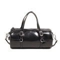 Minimalist black cylinder shoulder bag in shiny PU leather with silver hardware finish - Glossy Black