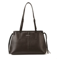 Retro coffee brown large capacity shoulder tote bag with vertical stitching and silver logo - Brown
