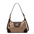 Large retro tote bag in brown leather and suede patchwork with wood bead tassel - Khaki