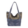 Μπλε τσάντα tote με χρυσά τρουκς σε στυλ washed denim και λουράκι ώμου - Μπλε