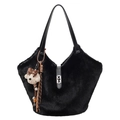 Large black plush tote bag with leather straps, silver lock, and cute puppy pendant - With Pendant / Black