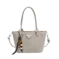Elegante borsa a secchiello trapuntata beige con ciondolo in legno e tracolla regolabile - Bianco