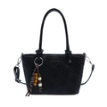 Quilted black bucket bag with a triangular emblem and decorative beaded charm - Black