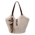 Faux fur tote bag in beige with dark brown handles and a plush leopard bow charm - With Pendant / Khaki