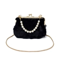 Elegant black faux fur evening bag with pearl handle and golden chain strap - Black