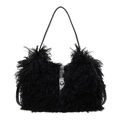Minimalist black plush bucket bag featuring soft faux fur and silver metal twist lock - Black