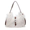 Minimalist white faux fur bucket bag with brown leather strap and metal twist lock - Off White