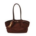 Borsa tote retrò in pelle scamosciata marrone con fibbia dorata e ciondolo in legno - Con Pendente in Perline di Legno / Marrone