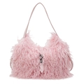 Pink plush faux fur bucket bag with metal buckle closure and leather shoulder strap - Pink