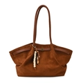 Borsa tote in camoscio marrone con tracolle e decorazione boho di perline in legno - Con Pendente in Perline di Legno / Marrone