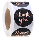 3.8cm round black adhesive labels with rose gold thank you text for business packaging - Black