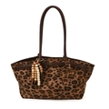 Borsa tote retrò leopardata con manici marroni e pendente decorativo con perline di legno - Con Pendente in Perline di Legno / Leopardo Marrone
