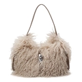 Beige faux shearling bucket bag with plush texture and dark brown leather strap - Khaki