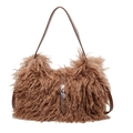 Brown faux fur bucket bag with leather strap and silver metal clasp on white background - Brown