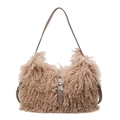 Minimalist beige plush faux fur hobo bucket bag with leather strap and silver twist lock - Apricot