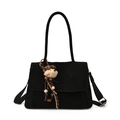 Large black faux suede tote bag with plush bear charm and adjustable shoulder strap - With Pendant / Black