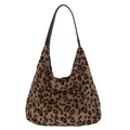 Pluche draagtas met panterprint, bruine PU-riemen en een zacht hobo-stijl silhouet - Bruine luipaardprint