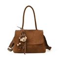 Brown suede tote bag with plush bear charm and ethnic woven strap detail - With Pendant / Brown