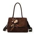 Vintage brown frosted shoulder tote bag with plush bear charm and flip cover design - With Pendant / Brown