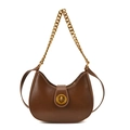 Brown faux leather half-moon bag with gold chunky chain handle and leather shoulder strap - Brown