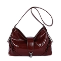 Glossy dark red leather hobo bag with adjustable strap and decorative belt details - Red