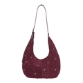 Burgundy suede crescent shoulder bag with vintage gold rivets for a stylish look - Red