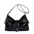 Glossy black leather crossbody bag with silver buckle and chic biker style details - Black