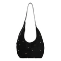 Black suede hobo bag with gold rivet studs and adjustable strap for women - Black